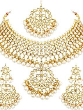 Indian Traditional Maang Tikka with Kundan Necklace Earrings Set Ethnic Wedding